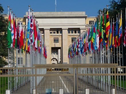Flags outside the UN building in Geneva